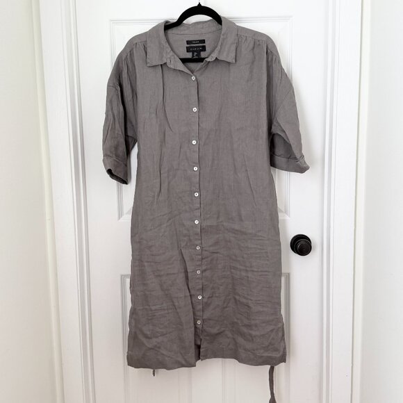 Women Tahari Button Linen Chambray Shirt Dress Short Sleeve in Gray Size Large - Picture 1 of 8